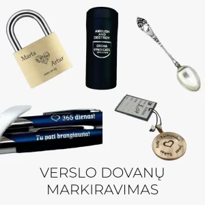 Profesionalus verslo dovanų markiravimas lazeriu – tikslus, estetiškas ir ilgaamžis ženklinimas logotipais, tekstais ar simboliais pagal užsakymą.