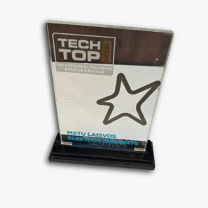 Stiklinis graviruotas apdovanojimas su individualiu dizainu, skirtas įmonių renginiams ir apdovanojimams